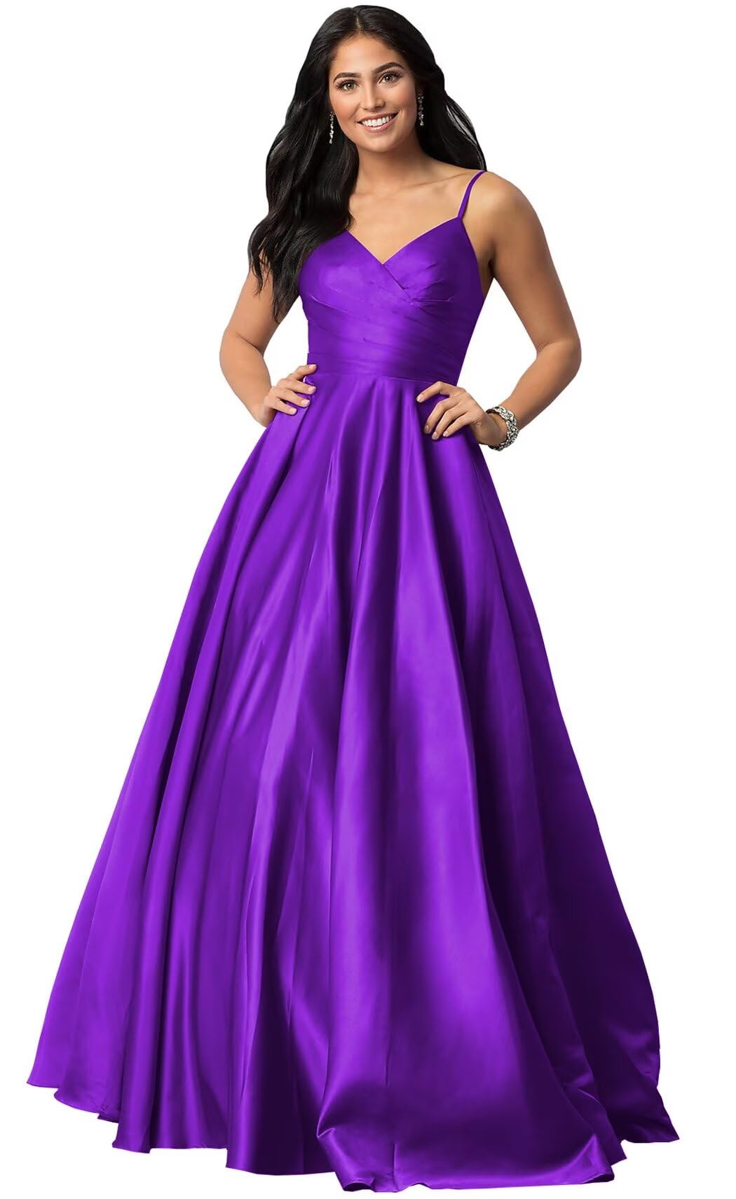 Spaghetti Straps Satin Prom Dresses for Women Long with Pockets Pleated Formal Evening Gowns Ball Gown
