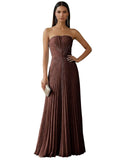 Ruched Strapless Prom Dresses for Women Long A Line Cocktail Dress Pleated Chiffon Formal Wedding Guest Dress