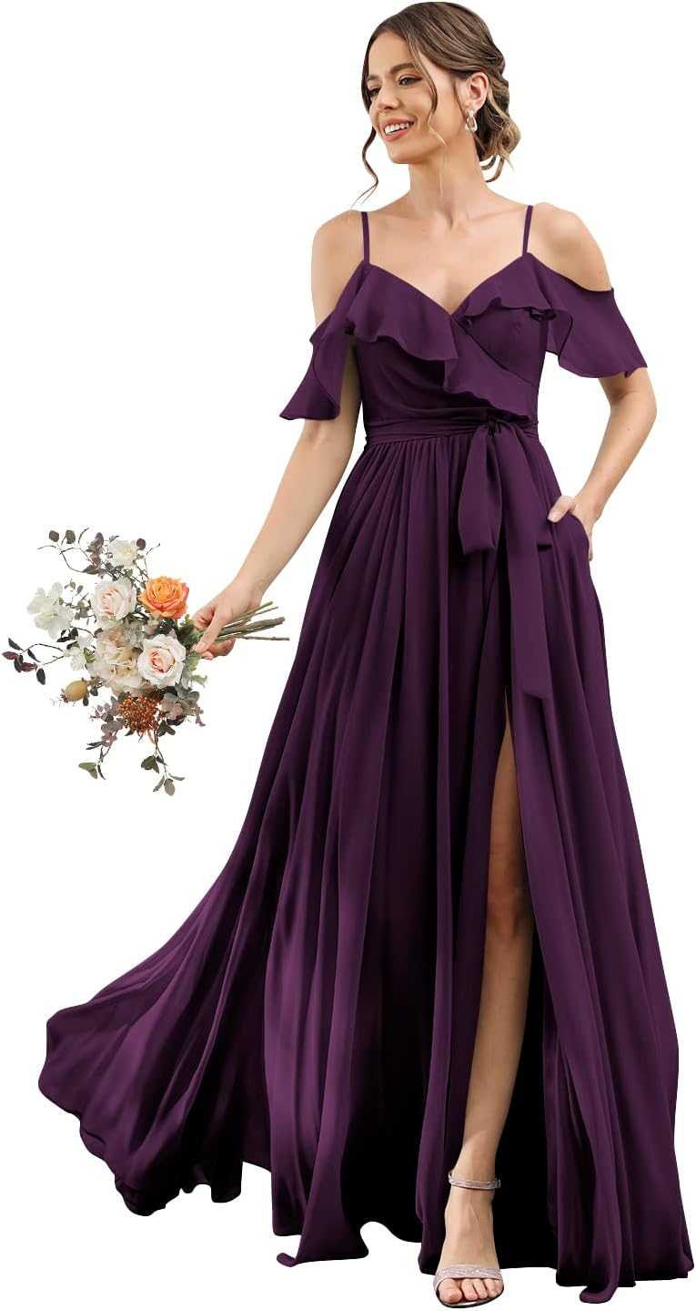 Women's Bridesmaid Dresses with Slit Long Cold Shoulder Chiffon Formal Party Dress with Pockets