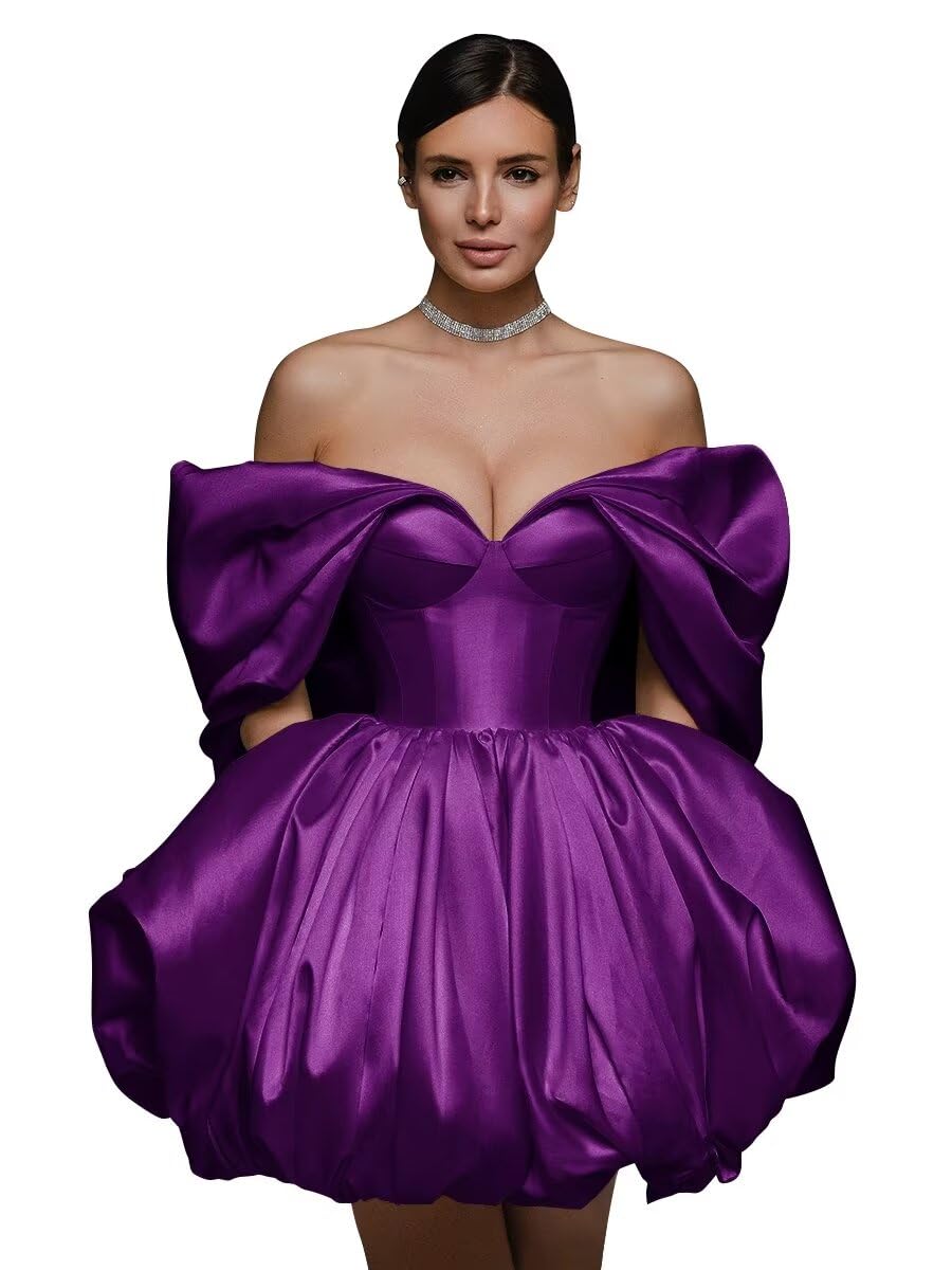 Off The Shoulder Short Wedding Dresses for Bride Puffy Satin Bridal Dresses w/Pockets Strapless Formal Ball Gowns