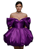 Off The Shoulder Short Wedding Dresses for Bride Puffy Satin Bridal Dresses w/Pockets Strapless Formal Ball Gowns