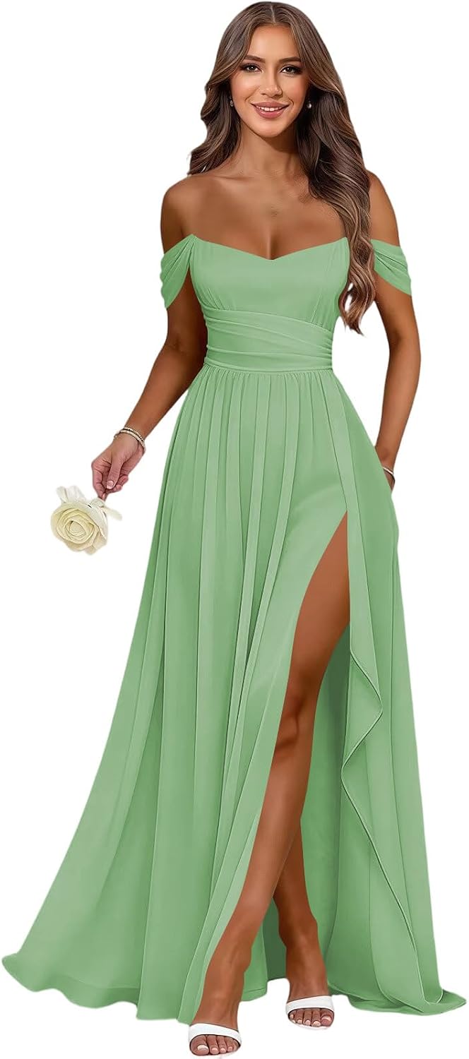 Women's Long Chiffon Bridesmaid Dresses with Slit Off Shoulder A-Line Formal Prom Evening Gown Maxi Wedding Guest Dress