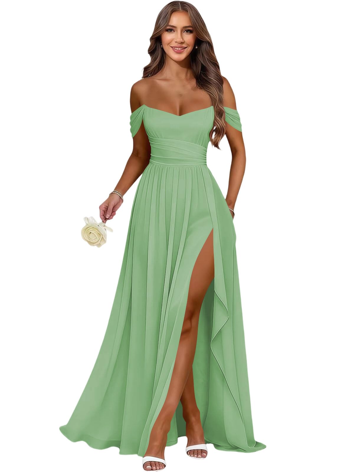 Women's Long Chiffon Bridesmaid Dresses with Slit Off Shoulder A-Line Formal Prom Evening Gown Maxi Wedding Guest Dress