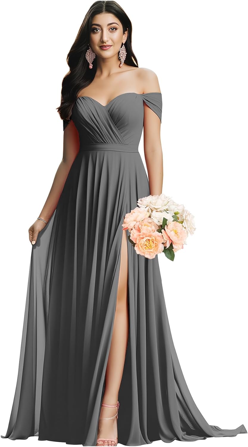 Schulterfreies Brautjungfernkleid für die Hochzeit, gerüschtes Chiffon-Split-Abendkleid mit Taschen 