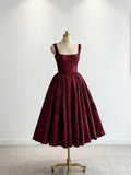 Jacquard Satin Prom Dresses 2026 Floral Square Neck Tea Length Ruched Elegant Formal Ball Gown with Pockets