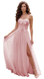 Strapless Chiffon Bow Prom Dresses 2026 Corset Chiffon Pleated A Line Formal Dress
