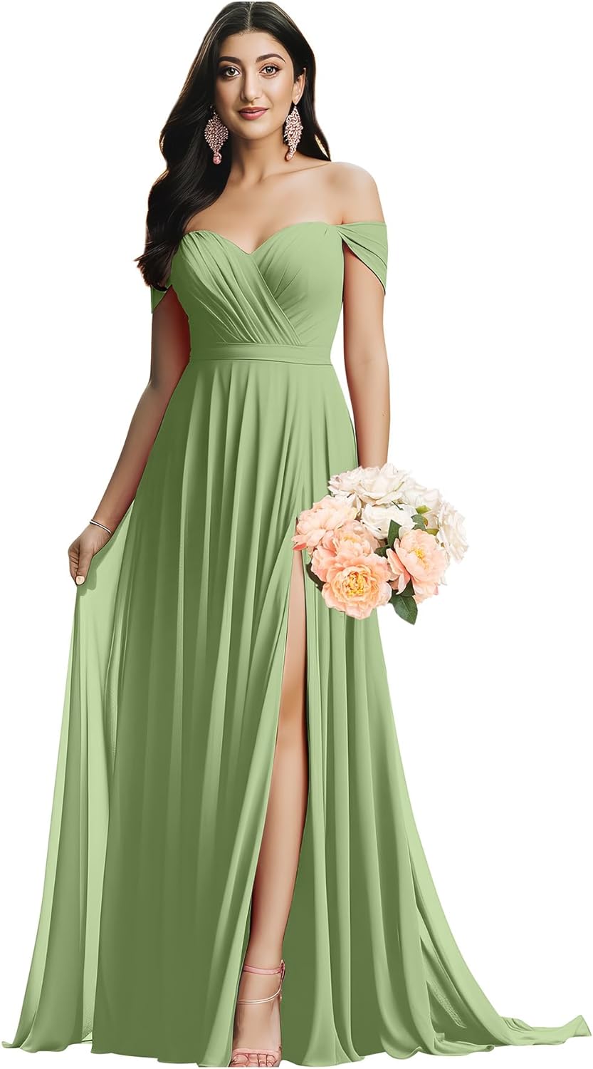 Schulterfreies Brautjungfernkleid für die Hochzeit, gerüschtes Chiffon-Split-Abendkleid mit Taschen 