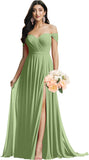 Schulterfreies Brautjungfernkleid für die Hochzeit, gerüschtes Chiffon-Split-Abendkleid mit Taschen 