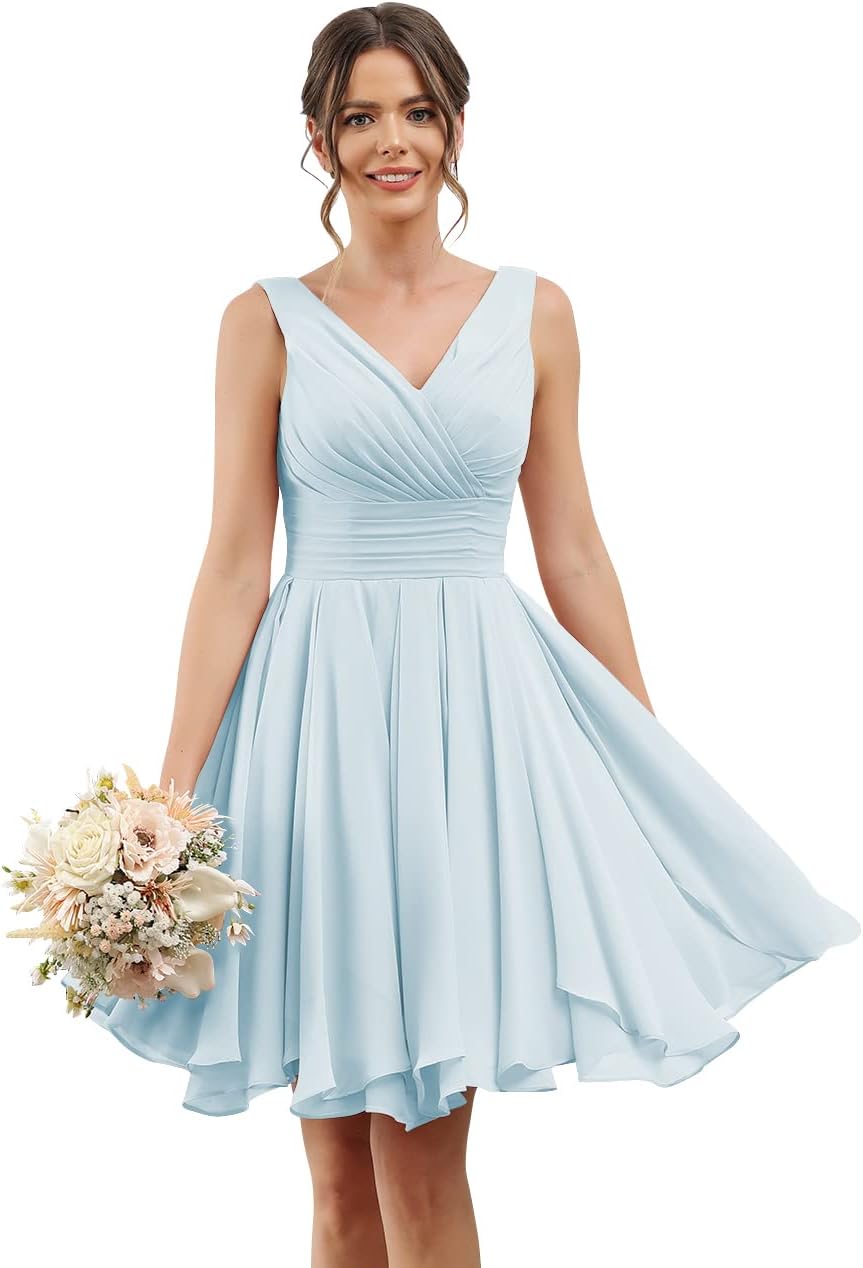 Double V Neck Short Bridesmaid Dresses for Women 2025 Chiffon A Line Formal Evening Gowns with Pockets