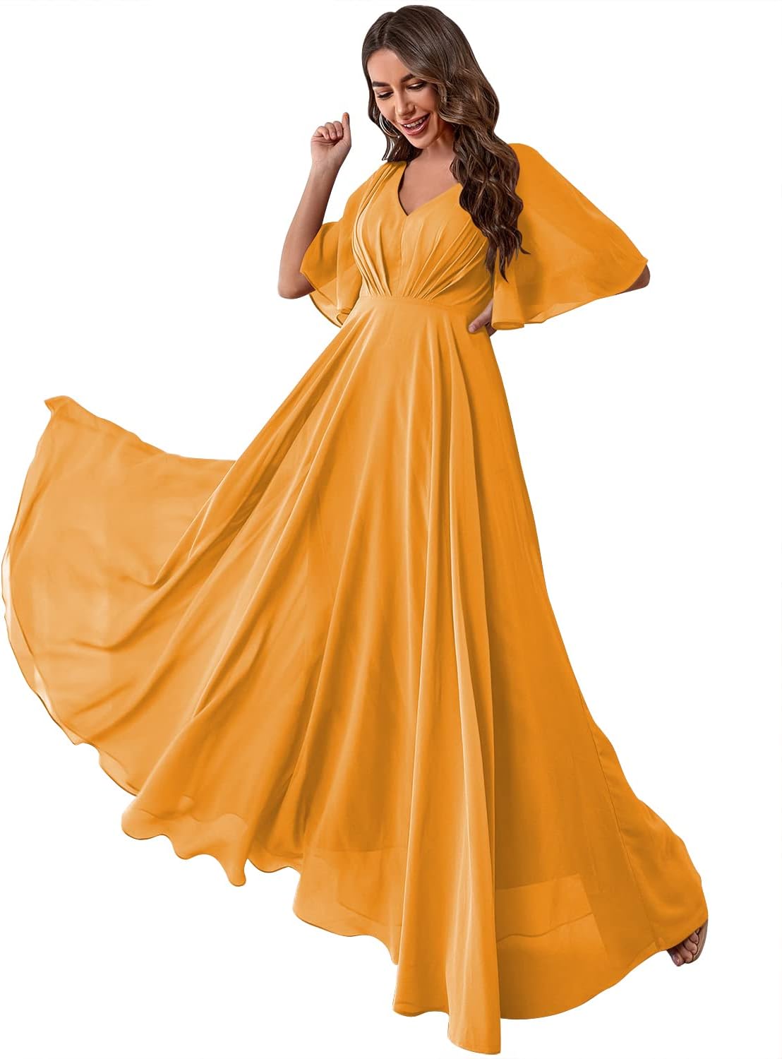Women's Batwing Sleeve Chiffon Bridesmaid Dresses with Pockets V Neck Long Formal Evening Dress
