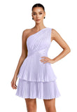 One Shoulder Satin Homecoming Dresses for Teens 2026 Short A-line Prom Dress Pleated Tiered Cocktail Party Gowns