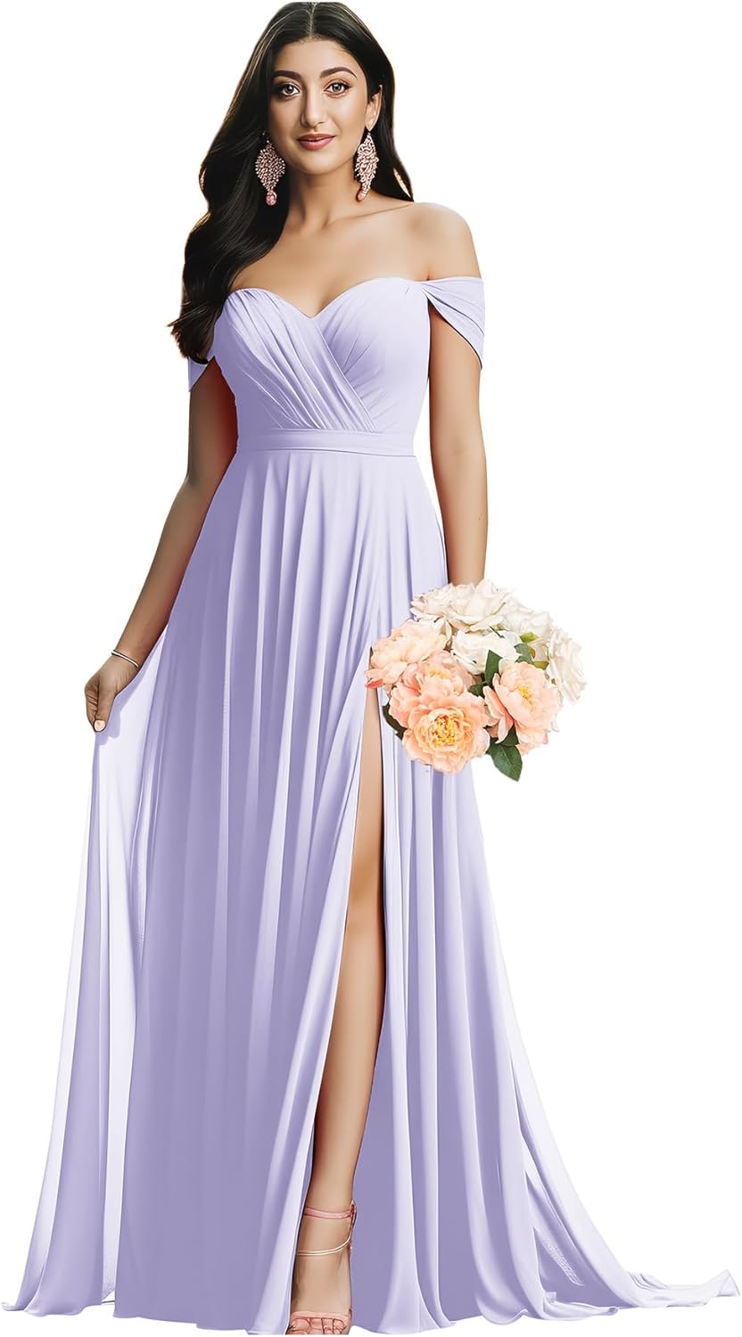 Schulterfreies Brautjungfernkleid für die Hochzeit, gerüschtes Chiffon-Split-Abendkleid mit Taschen 