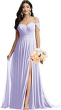 Schulterfreies Brautjungfernkleid für die Hochzeit, gerüschtes Chiffon-Split-Abendkleid mit Taschen 
