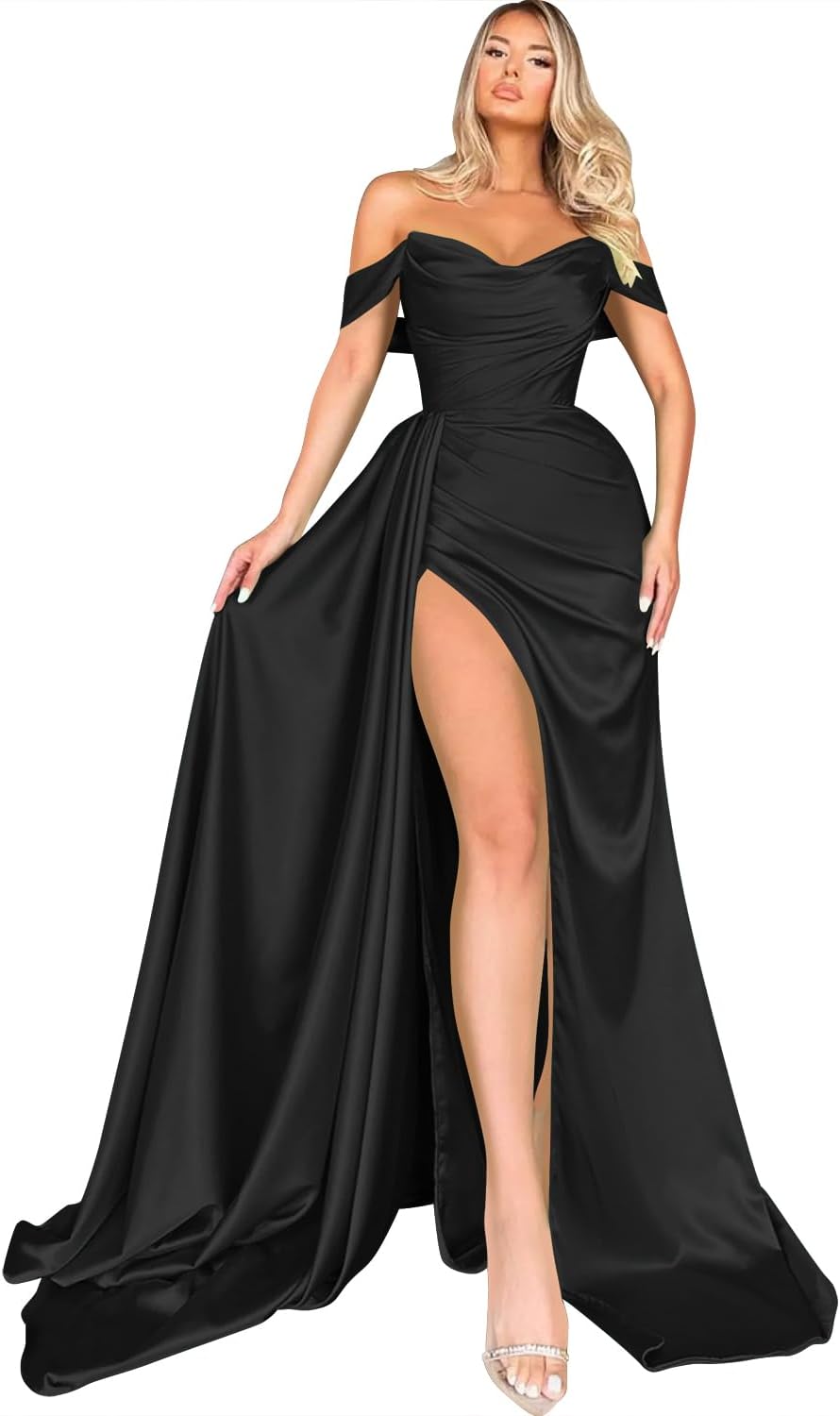 Women's Off Shoulder Mermaid Prom Dresses Long with Slit Pleates Wrap Satin Formal Evening Gowns