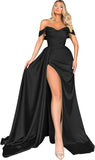 Women's Off Shoulder Mermaid Prom Dresses Long with Slit Pleates Wrap Satin Formal Evening Gowns