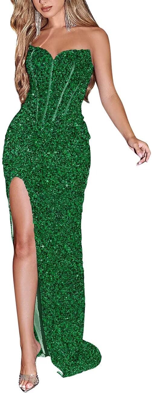 Sparkly Sequin Prom Dresses for Women 2025 Long Mermaid Strapless Glitter Formal Evening Prom Ball Gown with Slit