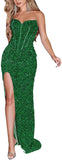 Sparkly Sequin Prom Dresses for Women 2025 Long Mermaid Strapless Glitter Formal Evening Prom Ball Gown with Slit