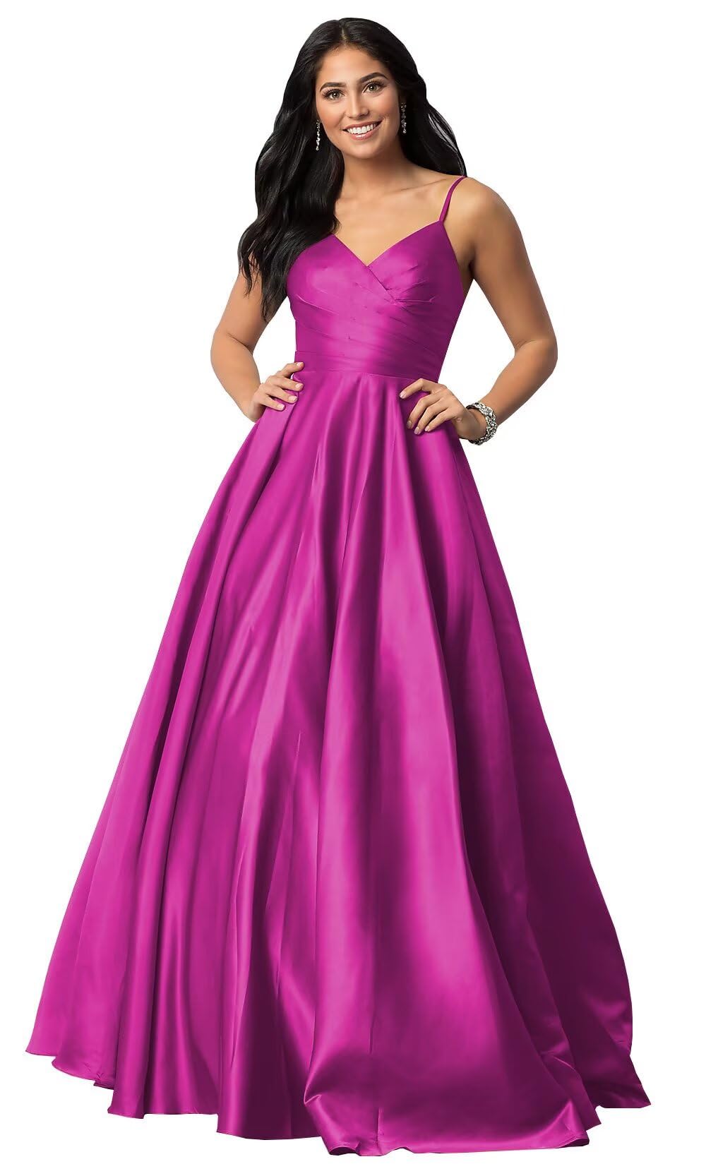 Spaghetti Straps Satin Prom Dresses for Women Long with Pockets Pleated Formal Evening Gowns Ball Gown