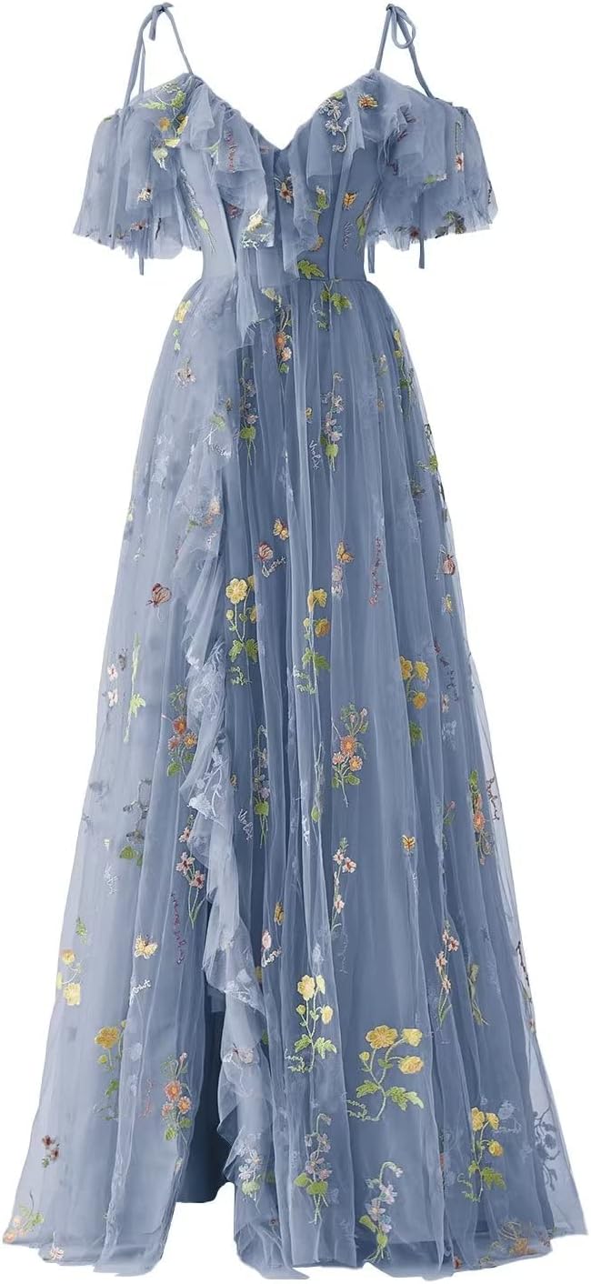 Vestidos de fiesta de tul con bordado floral para mujer, tirantes finos, largos, formales, de noche, 2024 