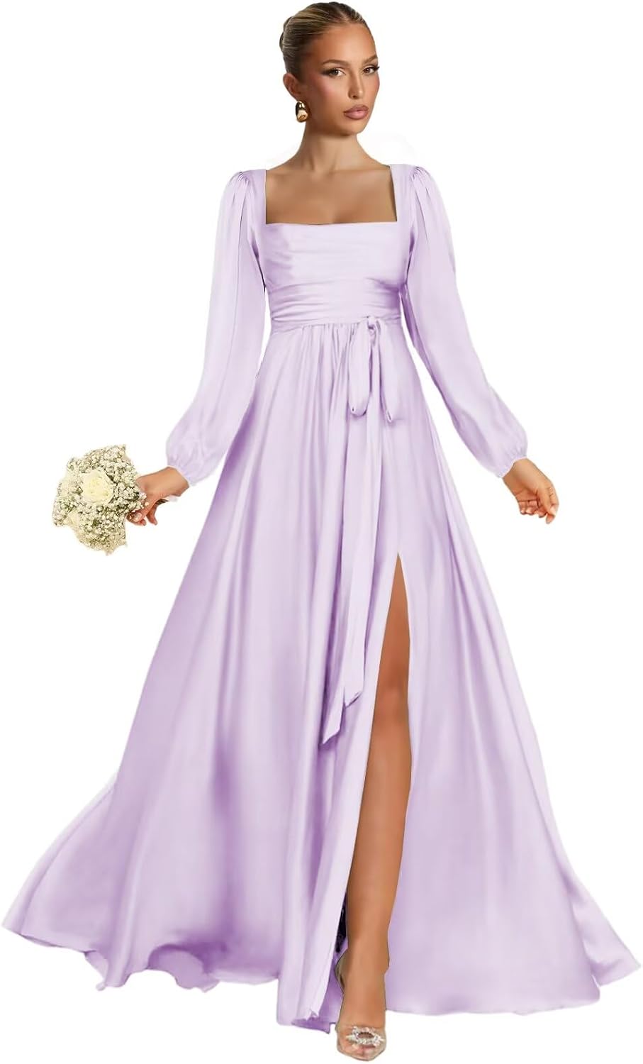Satin Bridesmaid Dresses with Slit Long Sleeve Square Neck A Line Maxi Formal Dress