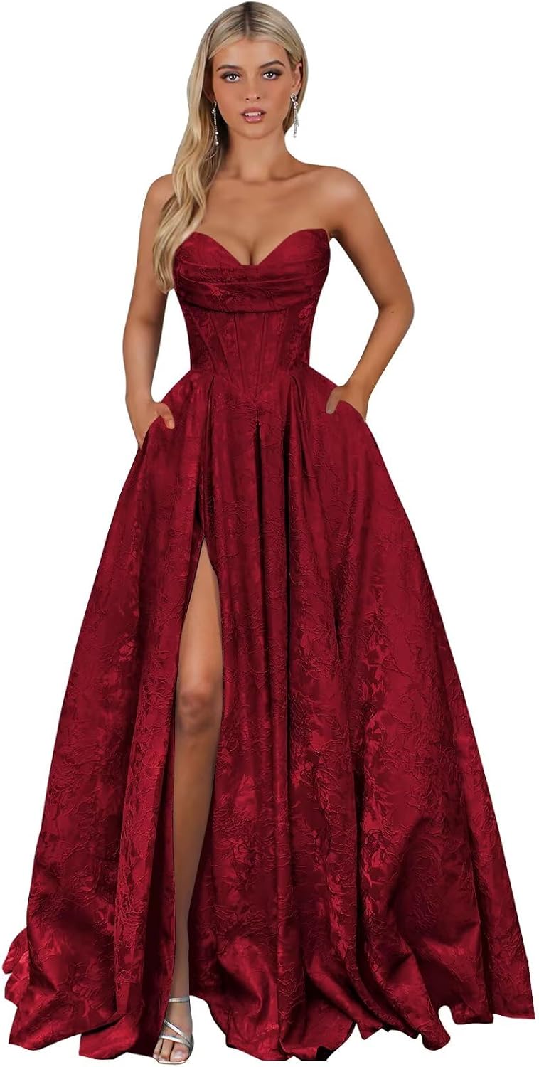 Strapless Jacquard Satin Prom Dresses for Women Corset A Line Long Formal Evening Party Gowns with Slit