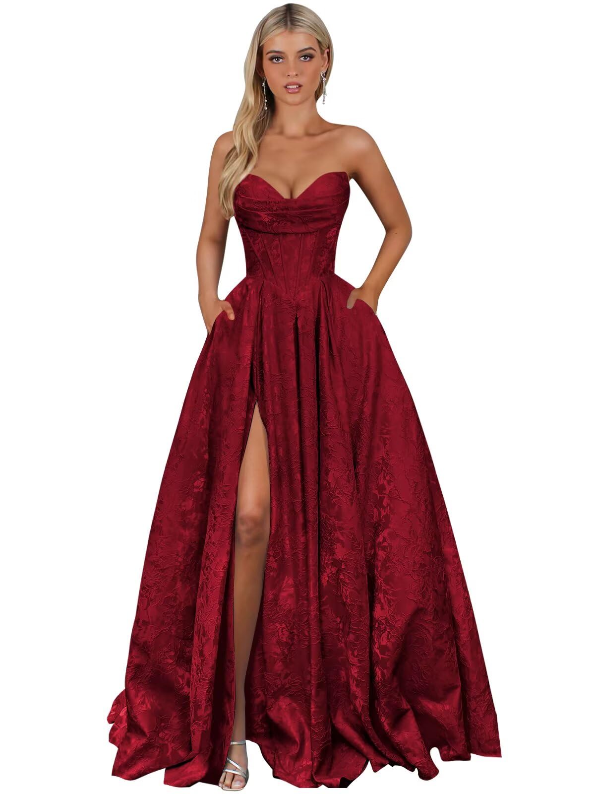 Strapless Jacquard Satin Prom Dresses for Women Corset A Line Long Formal Evening Party Gowns with Slit