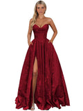 Strapless Jacquard Satin Prom Dresses for Women Corset A Line Long Formal Evening Party Gowns with Slit