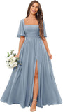 Square Neck Bridesmaid Dresses with Slit Pockets Flutter Sleeve Long Chiffon Formal Wedding Guest Dress