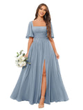 Square Neck Bridesmaid Dresses with Slit Pockets Flutter Sleeve Long Chiffon Formal Wedding Guest Dress