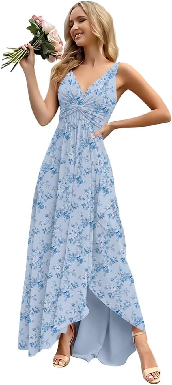 Women’s Long Bridesmaid Dresses Sleeveless V-Neck Formal Wedding Guest Chiffon Prom Gowns for Teens