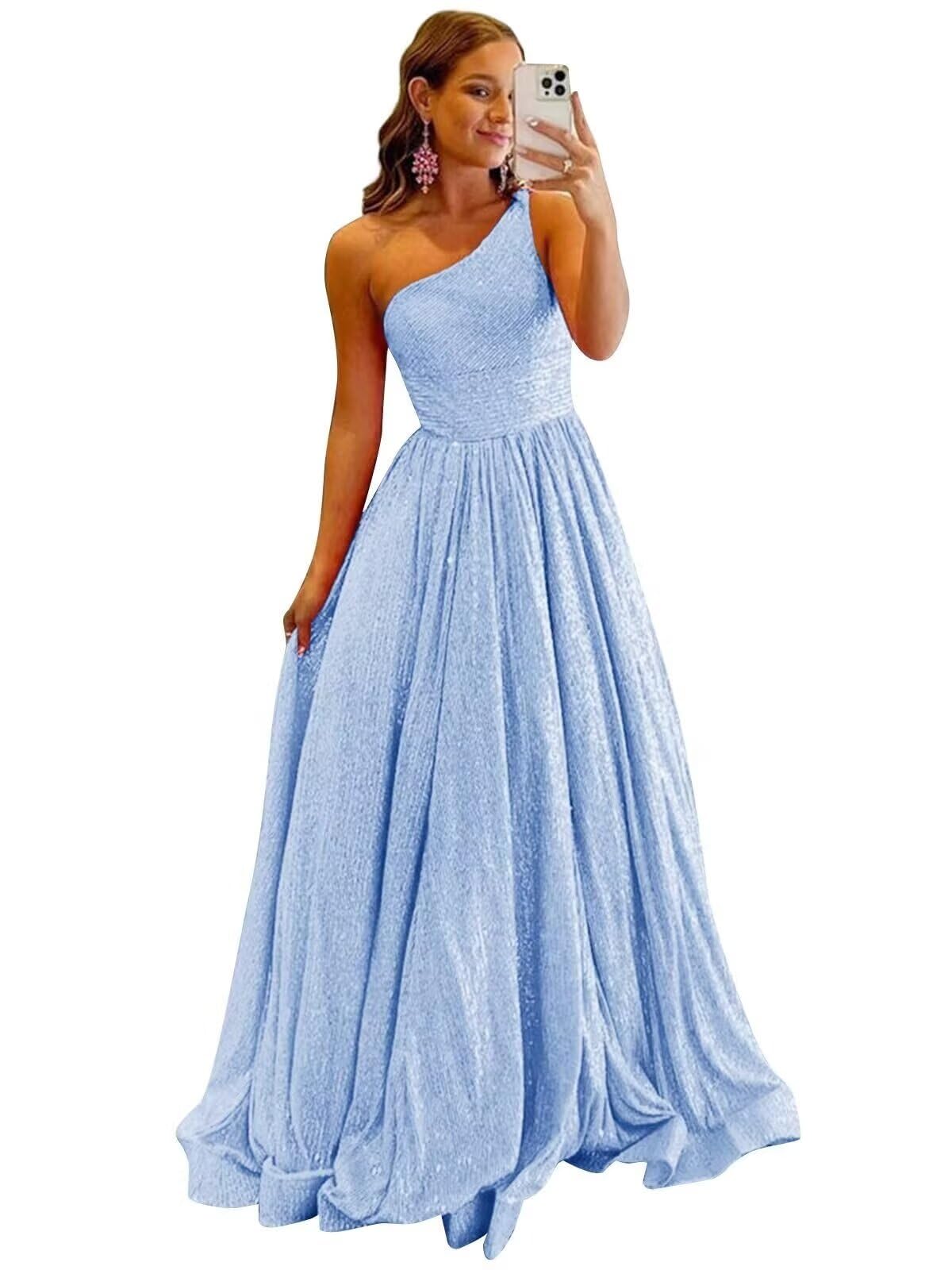 One Shoulder Sequin Prom Dresses for Women 2027 Sparkly Long A-Line Formal Evening Party Ball Gowns with Pockets