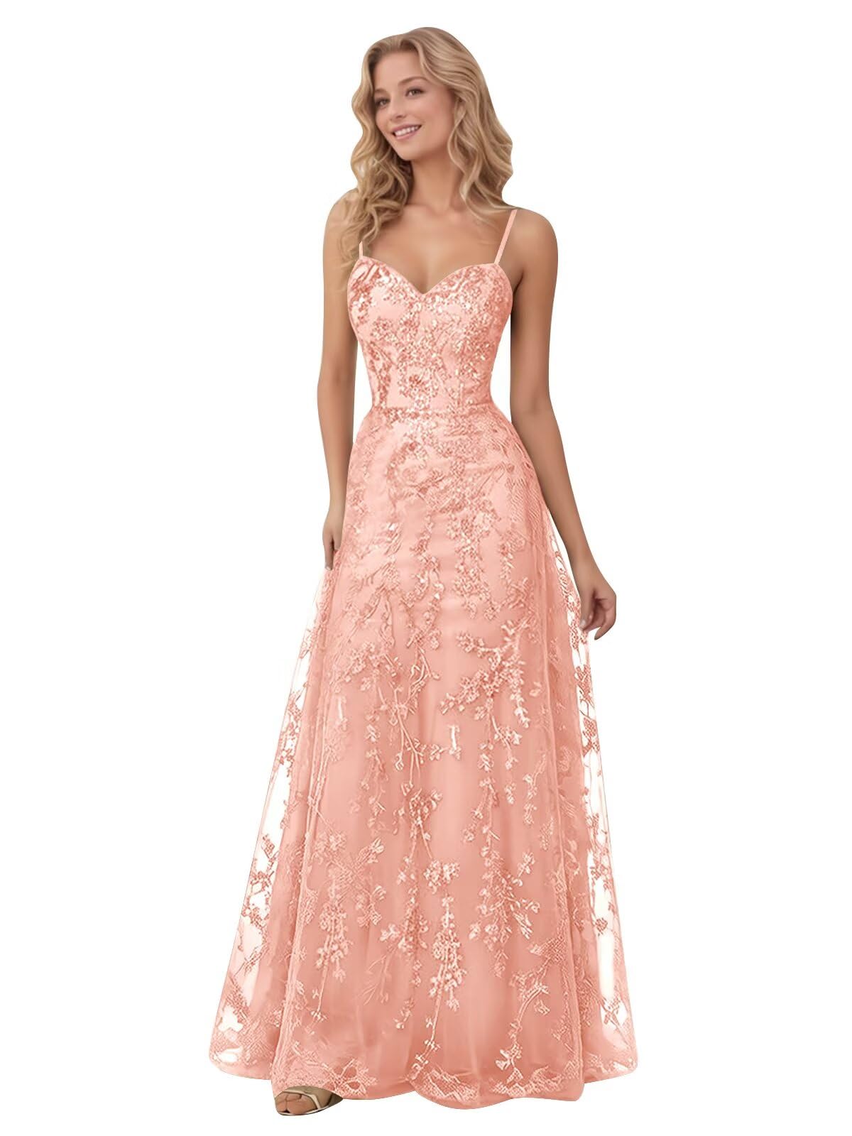 Spaghetti Strap Sparkly Prom Dress for Women Long Tulle Formal Dress Laces Evening Party Gown
