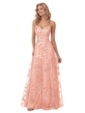 Spaghetti Strap Sparkly Prom Dress for Women Long Tulle Formal Dress Laces Evening Party Gown