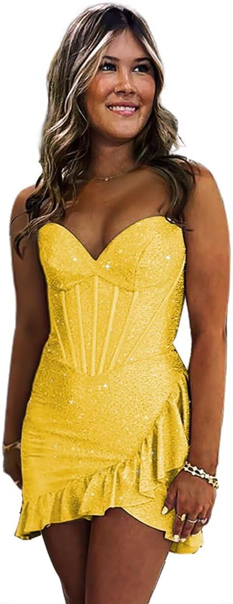 Sequin Homecoming Dresses 2027 Strapless Corset Ruffle Mermaid Short Prom Cocktail Dress