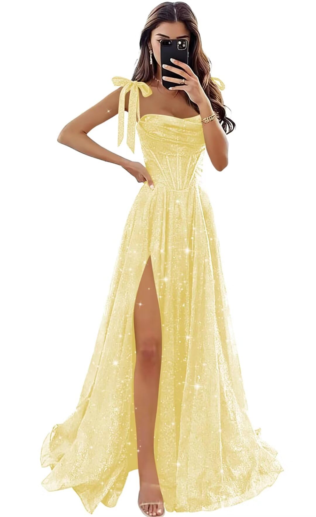 Tulle Prom Dresses with Slit Spaghetti Straps A Line Maxi Long Formal Dress