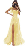 Tulle Prom Dresses with Slit Spaghetti Straps A Line Maxi Long Formal Dress