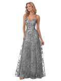 Spaghetti Strap Sparkly Prom Dress for Women Long Tulle Formal Dress Laces Evening Party Gown