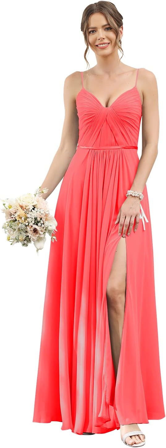 Vestidos de dama de honor largos con tirantes finos y bolsillos, plisados, formales, de noche, con abertura 