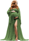 Women's Lace Maternity Dress for Photoshoot Long Puffy Sleeves V Neck Boho Pregnancy Gown for Baby Shower with Slit