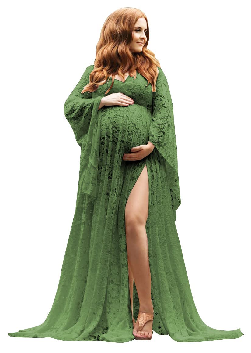Women's Lace Maternity Dress for Photoshoot Long Puffy Sleeves V Neck Boho Pregnancy Gown for Baby Shower with Slit