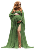 Women's Lace Maternity Dress for Photoshoot Long Puffy Sleeves V Neck Boho Pregnancy Gown for Baby Shower with Slit