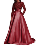 Kingbridal Gowns Long Sleeve Sequin Prom Dresses for Women Satin A-line Formal Dress 2026 Sparkly Evening Party Gowns with Pockets