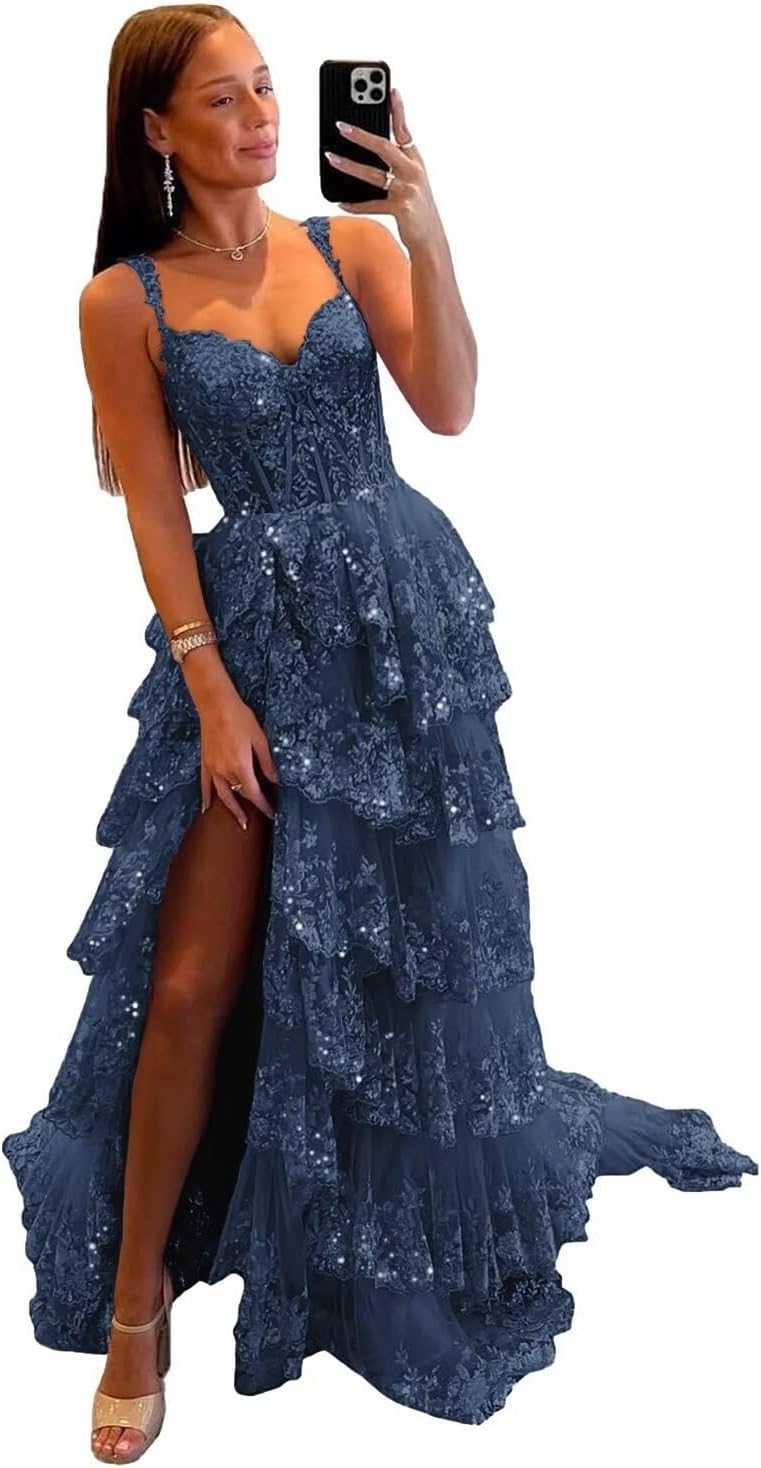 Vestido de fiesta de tul con encaje y capas, tirantes finos y abertura larga, corsé brillante, vestidos formales de fiesta de noche 