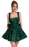 Sparkly Sequin Homecoming Dresses for Teens Short Prom Dress Square Neck Bow Formal Cocktail Gowns with Pockets