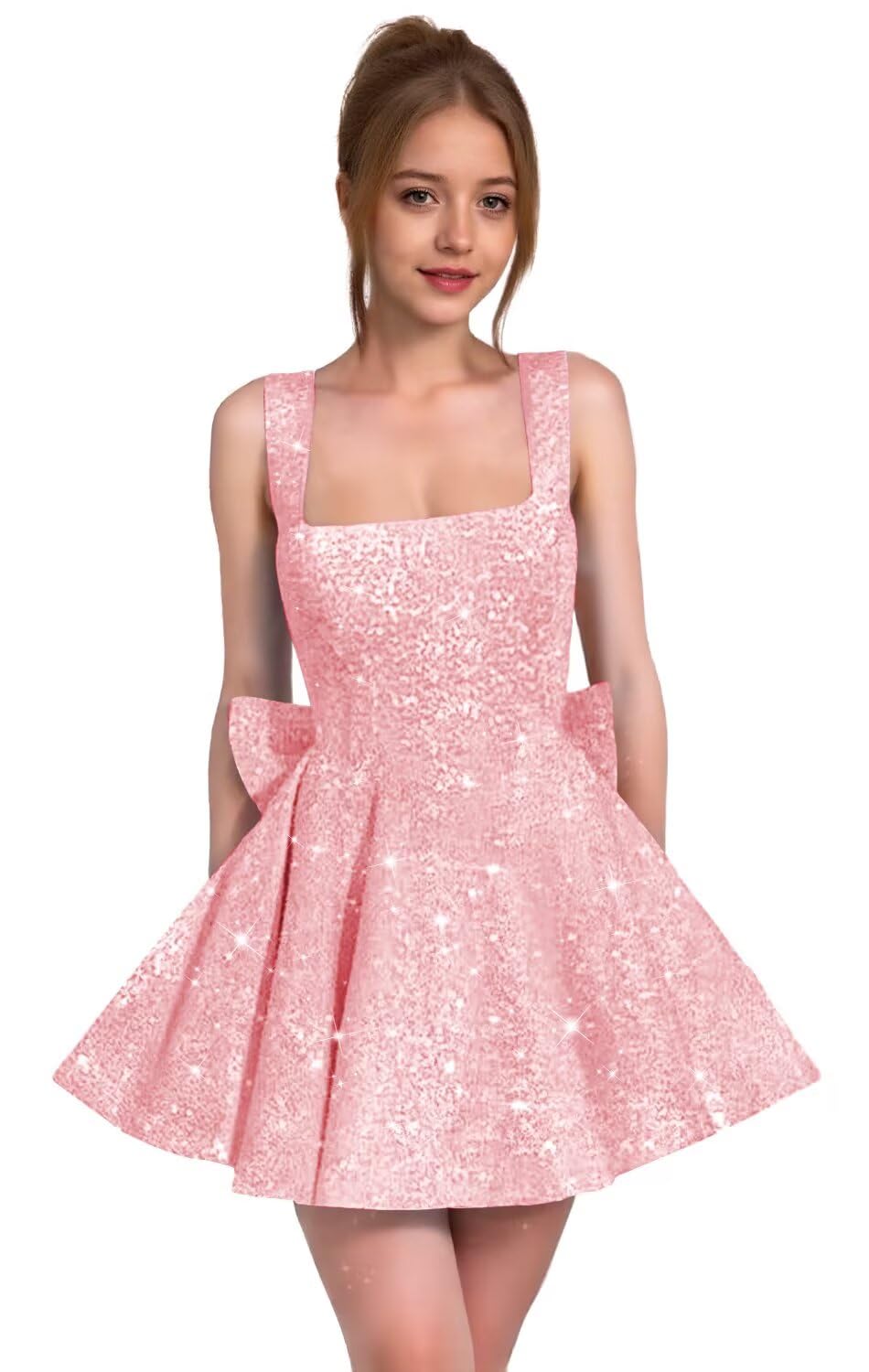 Sparkly Sequin Homecoming Dresses for Teens Short Prom Dress Square Neck Bow Formal Cocktail Gowns with Pockets