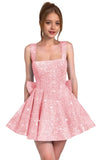 Sparkly Sequin Homecoming Dresses for Teens Short Prom Dress Square Neck Bow Formal Cocktail Gowns with Pockets