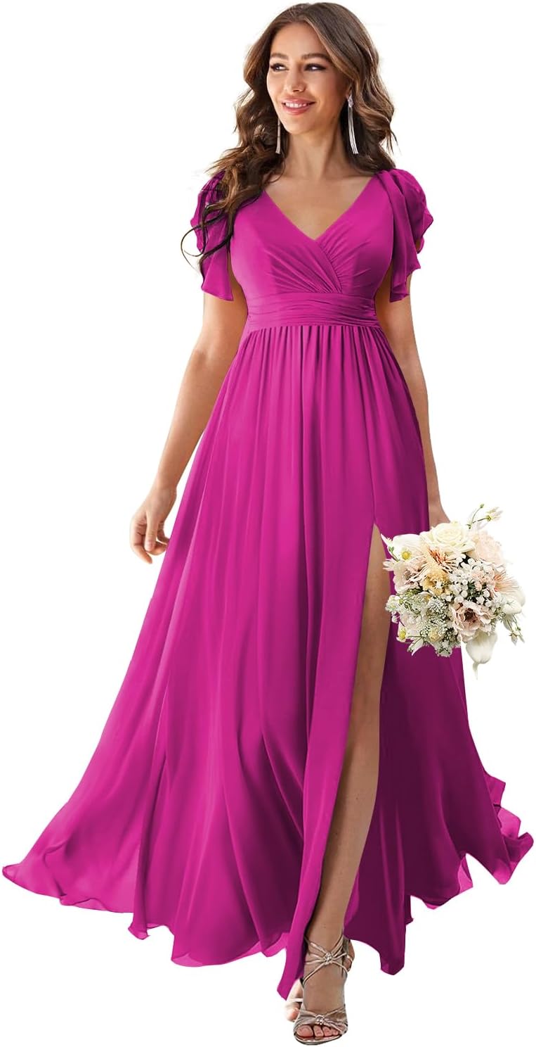 V Neck Flutter Sleeves Bridesmaid Dresses with Slit 2025 Chiffon Aline Pleats Formal Evening Gowns for Women
