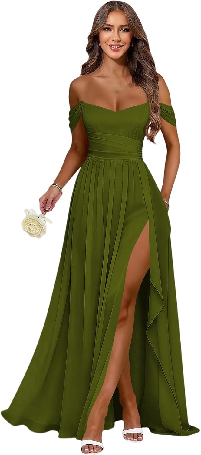 Women's Long Chiffon Bridesmaid Dresses with Slit Off Shoulder A-Line Formal Prom Evening Gown Maxi Wedding Guest Dress