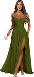 Women's Long Chiffon Bridesmaid Dresses with Slit Off Shoulder A-Line Formal Prom Evening Gown Maxi Wedding Guest Dress