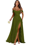 Women's Long Chiffon Bridesmaid Dresses with Slit Off Shoulder A-Line Formal Prom Evening Gown Maxi Wedding Guest Dress